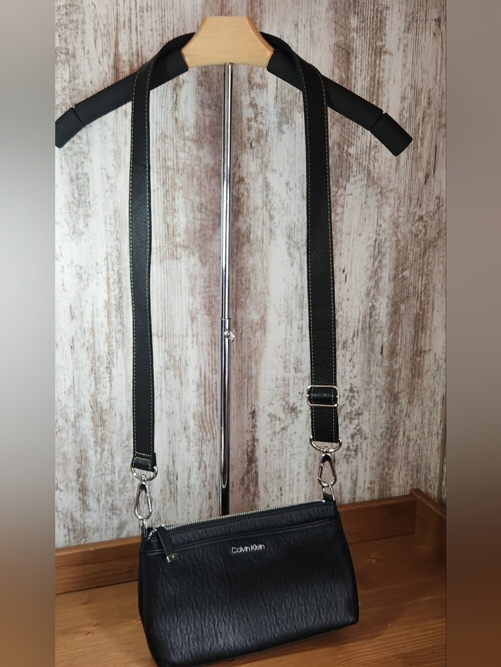 Calvin Klein Black Pebbled Leather Xbody Crossbody with Silver Logo